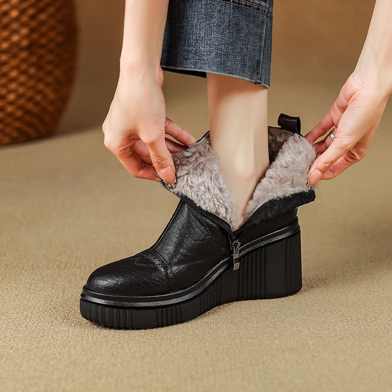 2026 new winter women ankle boots natural leather plus size 22-25.5cm sheepskin+wool round toe wedges retro side zip short boots