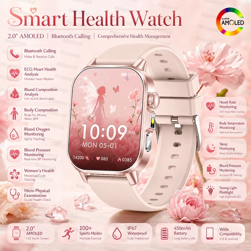 Relojes inteligentes para la salud de la mujer, ECG preciso, análisis de la salud del corazón, análisis de lípidos en sangre, presión arterial, llamadas por Bluetooth, reloj inteligente para dama.