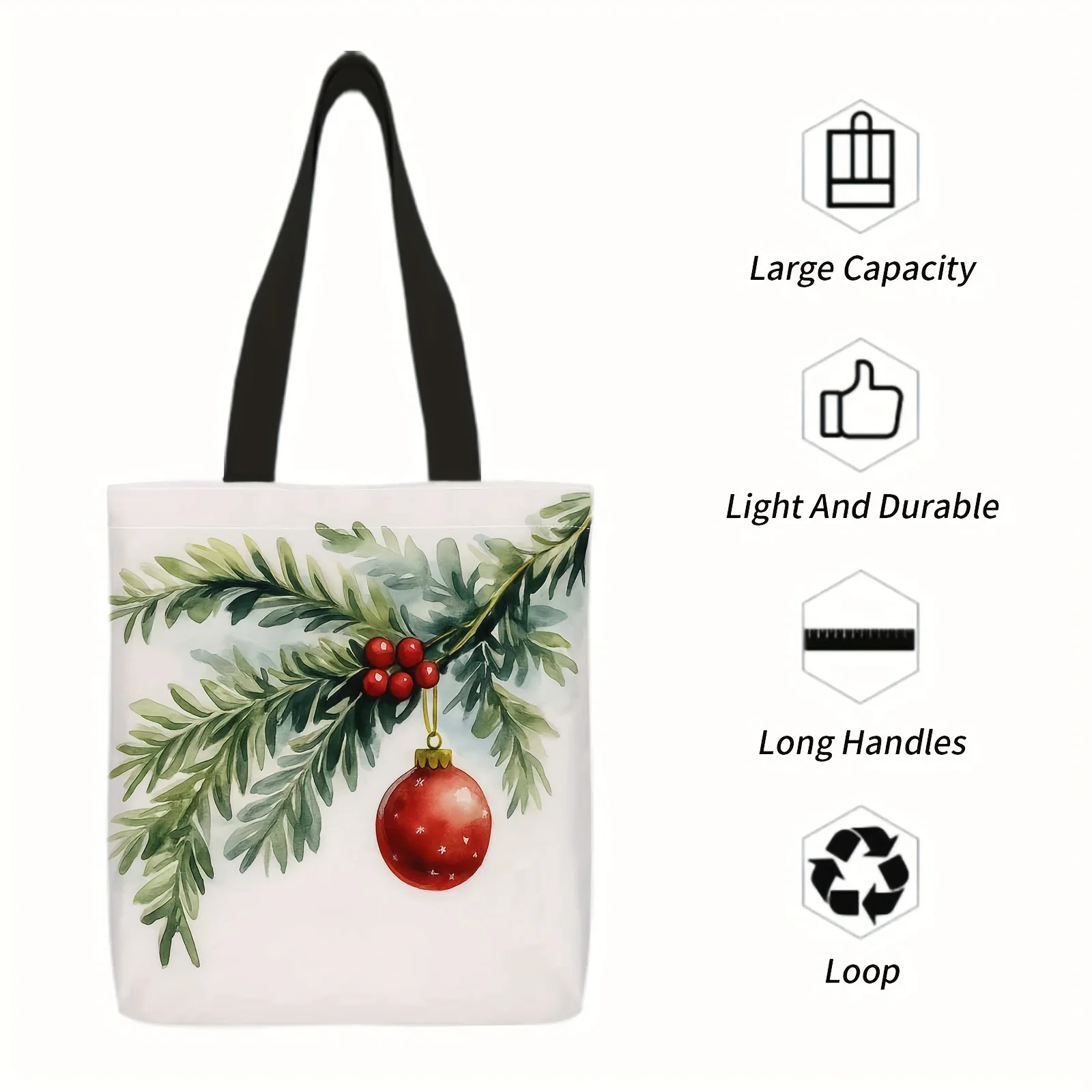 Lightweight Foldable Tote Bag with Red Green Holly Berry Christmas Design Golden Capable-Looking Ornament Accent Canva Bag