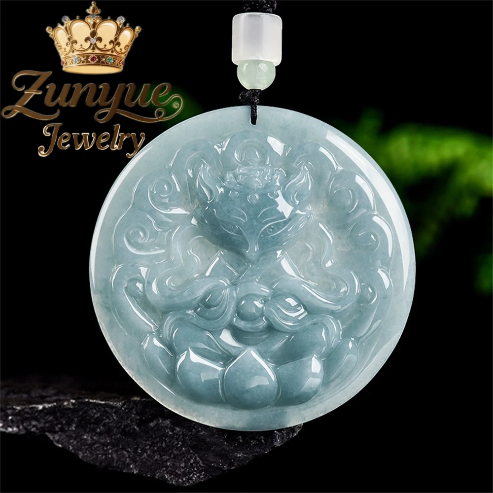 

Genuine Natural A-Grade Jadeite Blue Water Fox Spirit Nine-Tailed Fox Pendant Glutinous Jade Charms Pendant Women Fine Jewelry