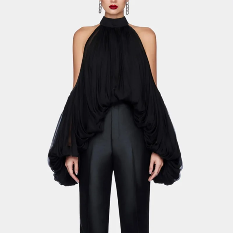 Gymystars Women's Off-the-shoulder Top Pleated Blouses New Fashion Loose Tied Halter-Neck Lace Up Shirts Elegant Female Clothes