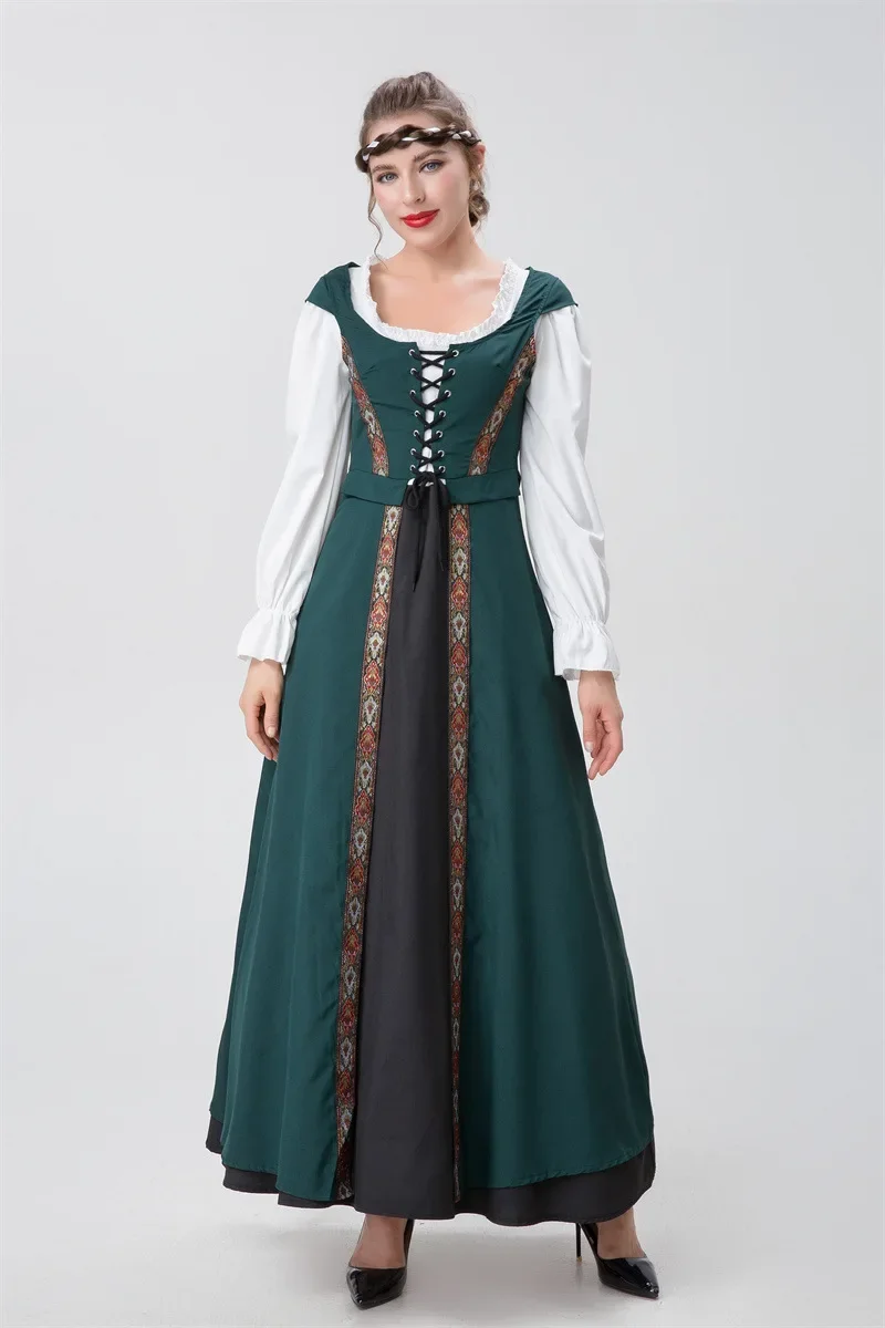 بدلة لعب الأدوار على طراز عصر النهضة في العصور الوسطى وياقة مربعة وخصر وتنورة كاملة مكونة من قطعتين فستان درامي