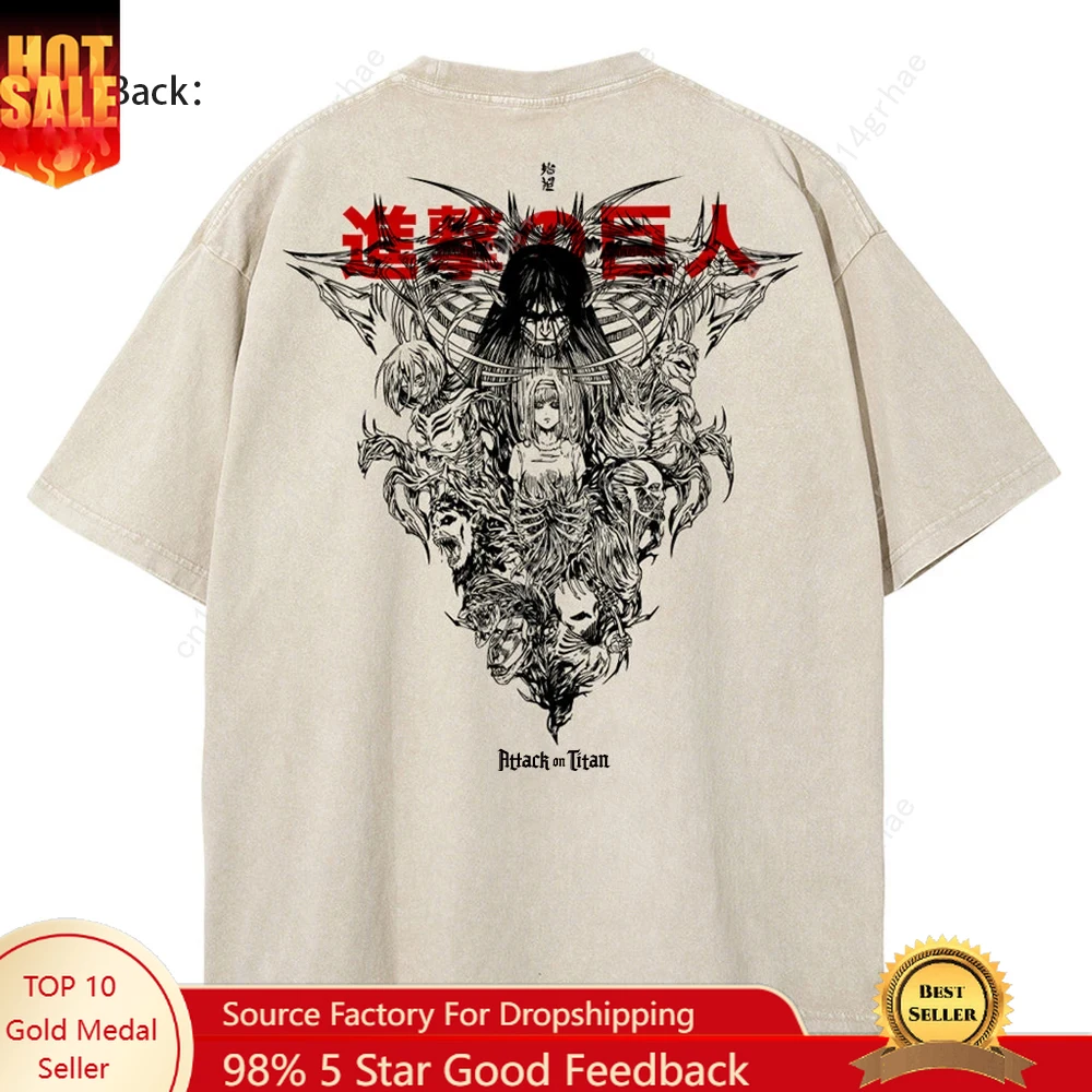 

Fashion Streetwear Black Washed Vintage Tshirt Anime Attack On Titan Graphic Print Oversized T-Shirt Summer Casual Cotton Tshirt