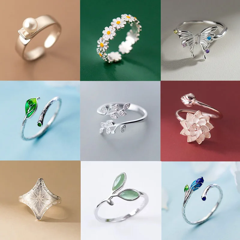 

925 Sterling Silver Rings For Women Geometric Fine Jewelry Finger Adjustable Cute Flower Leaf Zirco Ring For Party Birthday Gift
