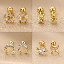 Luxury Fashion Gold Color Flower Bear Tragus Stud Earrings for Women Dazzling Cubic Zirconia Accessories Versatile Jewelry