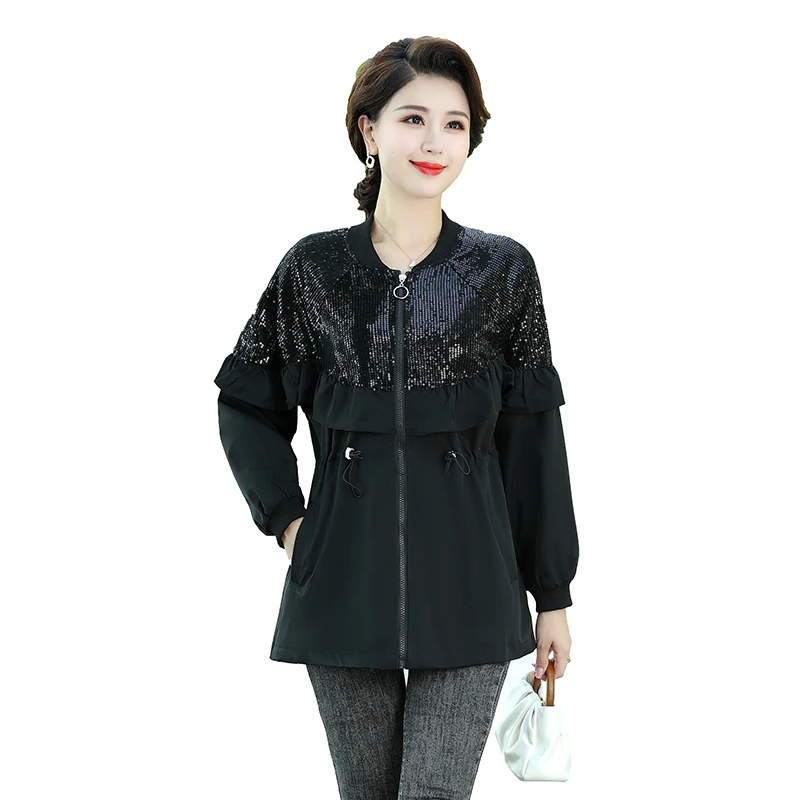 

New Spring Autumn Zipper Coat Outerwear For Women's Casual Stand-Up Collar Jacket Top Loose sequins Windbreaker Female