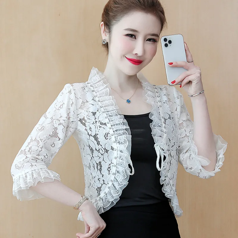 

#5325 Summer Kimono Jacket Cardigan Women Three Quarter Sleeve Sexy Thin Lace Coat Female Diamonds Irregular Lace Jacket Vintage