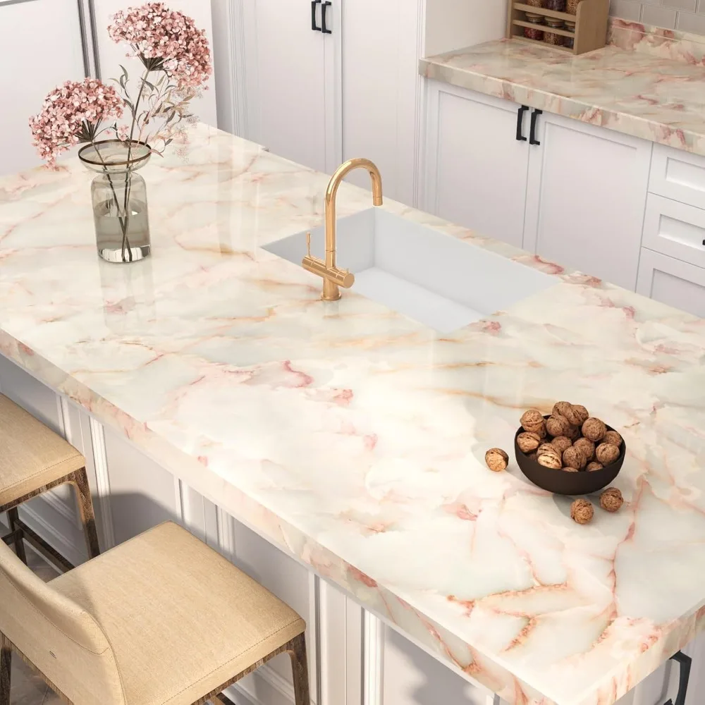 Gold Marble Pattern Waterproof Peel and Stick Kitchen Countertop Covering, 32 x 354, Yellow Marble Design for Wide Counters