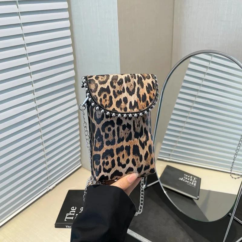 

2025 New Texture Leopard Print Rivet Shoulder Crossbody Bag, Chain Flip Small Square Bag for Women, Fashionable Commuting Bags