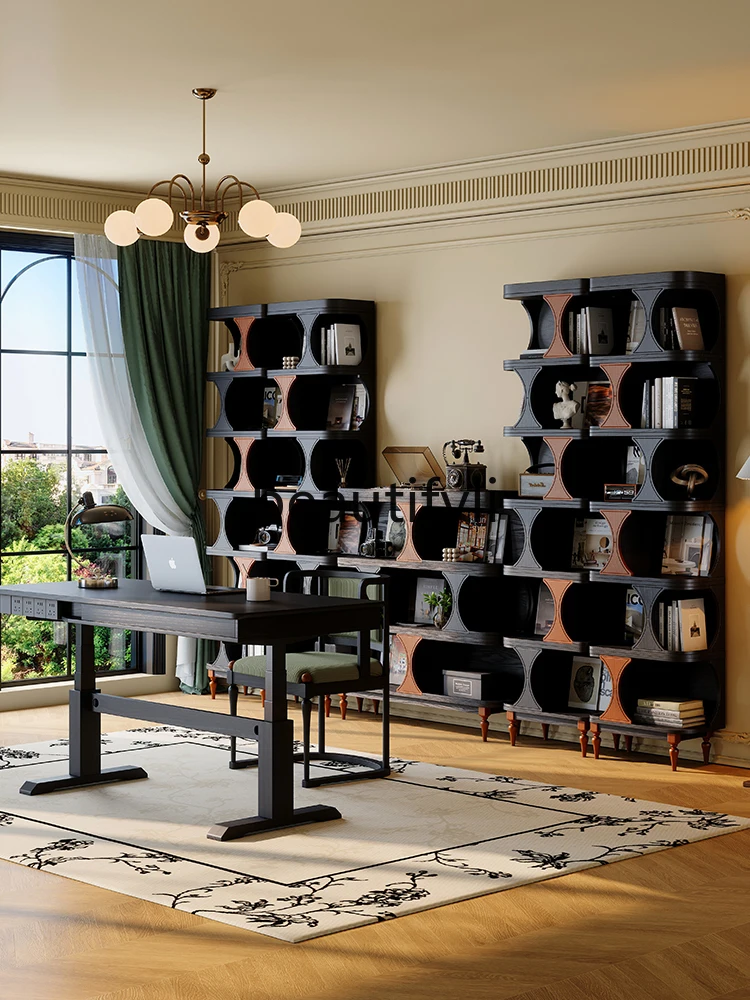 Half-wall bookcase French retro living room, floor-to-ceiling side cabinet, solid wood low bookshelf display cabinet