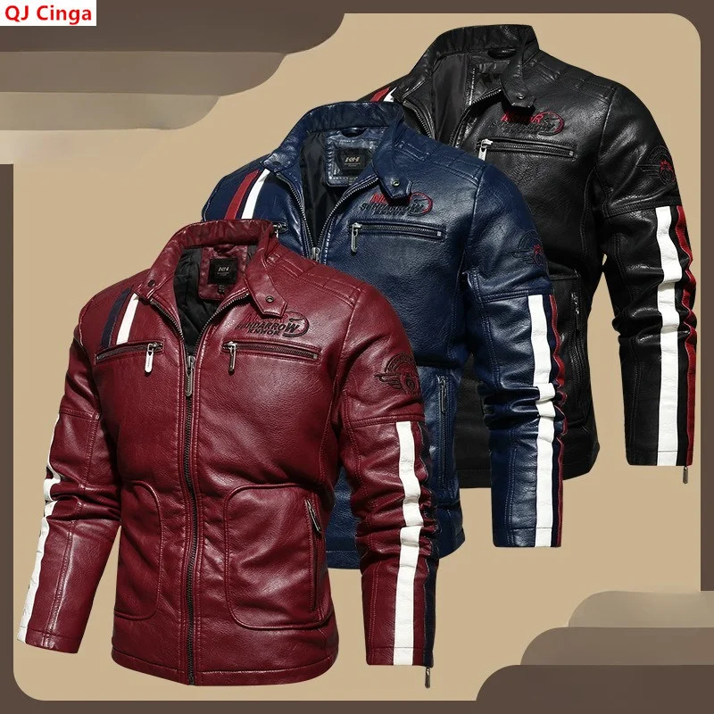 Men's Red Long-sleeve PU Jackets and Blue Faux Leather Motorcycle Coats for Fall and Winter. European Sizes S–XXXL.