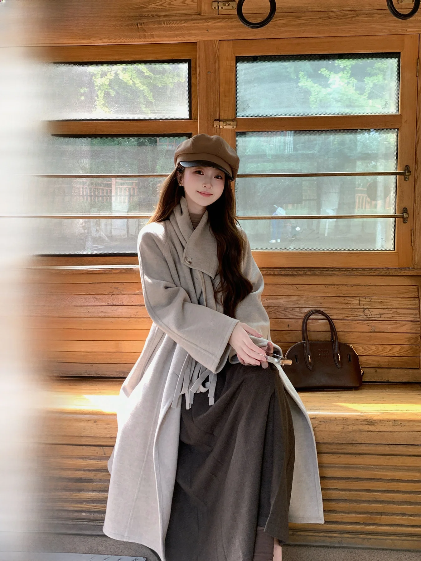 

Double-Sided Woolen Scarf Jaet Autumn Winter Women's Mid-Length Sweater Coat Sweet Sle Long Sve Pure Color Huangzuozuo