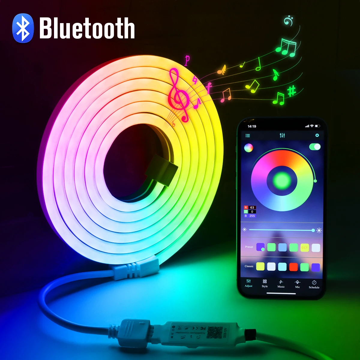 1M 2M 3M 5M RGB Neon LED Strip Light Bluetooth/IR Remote Control 5V Smart USB Silica Gel Tube LED Neon Light Room Decor Lamp