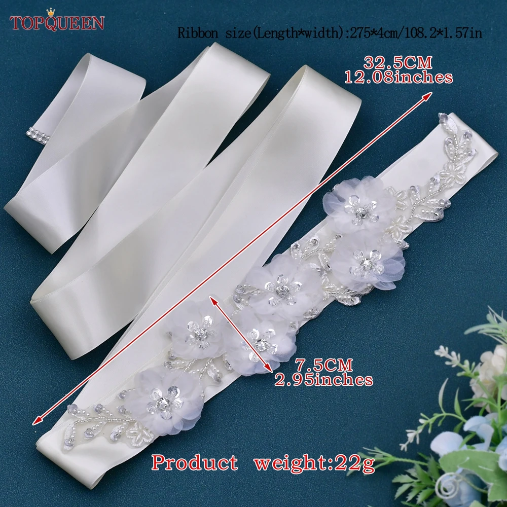 TOPQUEEN S249 White Flower Belt Bride Wedding Dress Accessories Fancy Pearl Sequin Appliques Evening Party Prom Women Sash