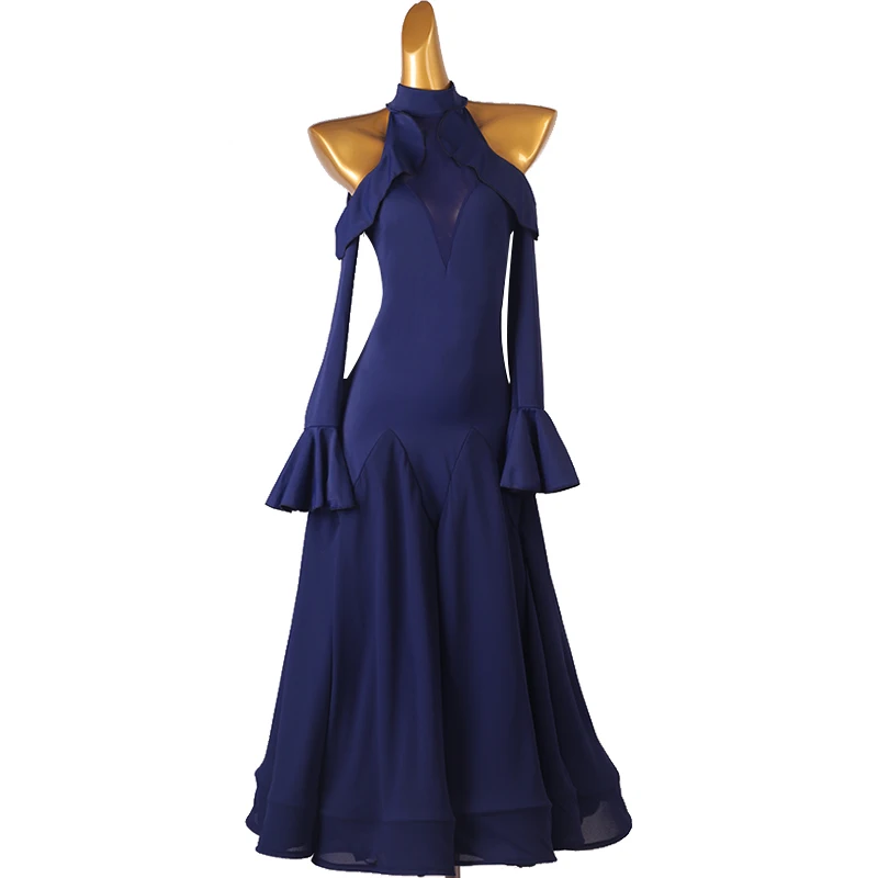 Sukienki konkursowe damskie standardowe z falbankami, odzież treningowa dla pań, długa suknia do walca, sukienka na zawody tańca towarzyskiego, występ taneczny, sceniczna.