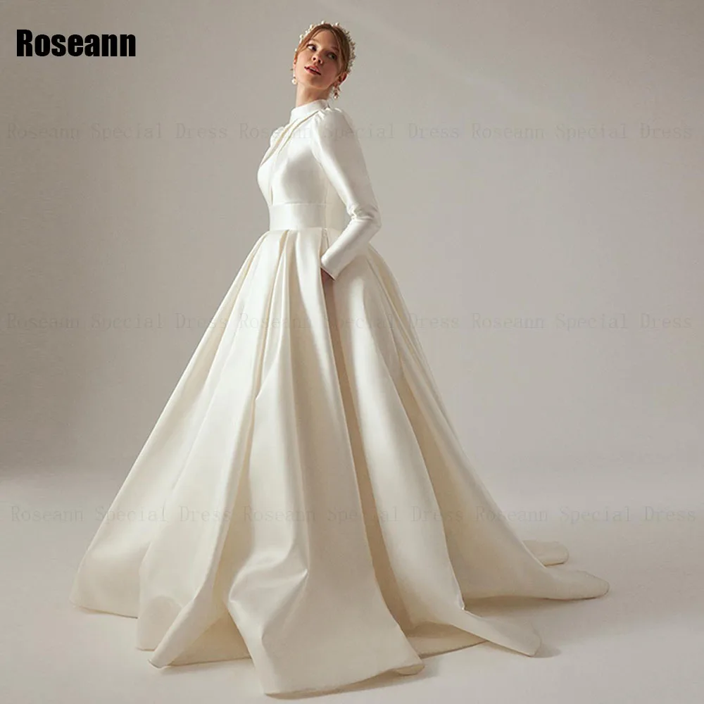 

Muslim Fashion Ivory A-line Wedding Dresses Full Satin Ruffle High Collar Draped Pleat Bride Gown Floor Length robe de mariée