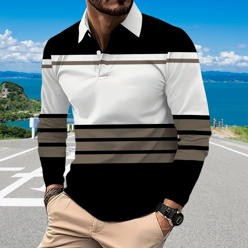 Fashion Black Striped Print 2024 Golf Wear Men White Collar Buttons Polo Shirt for Men Office Lapel Long Sleeves Men's Clothing