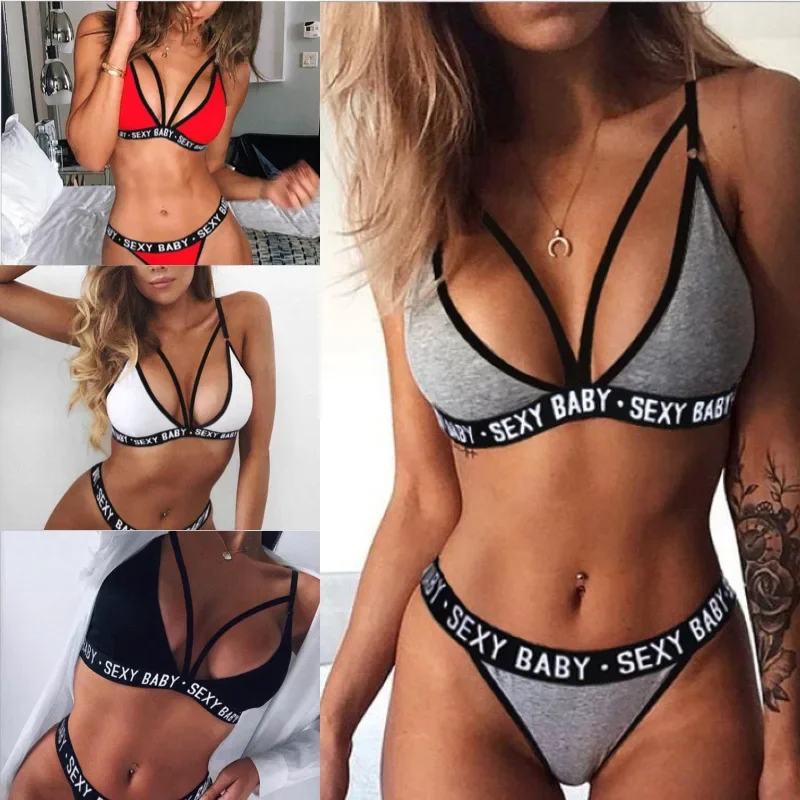 New Sexy Women's Sports Underwear Set Girl Sexy Bandage Corset Letter Push Bra + Thong Panties Underwear Bikini Backless