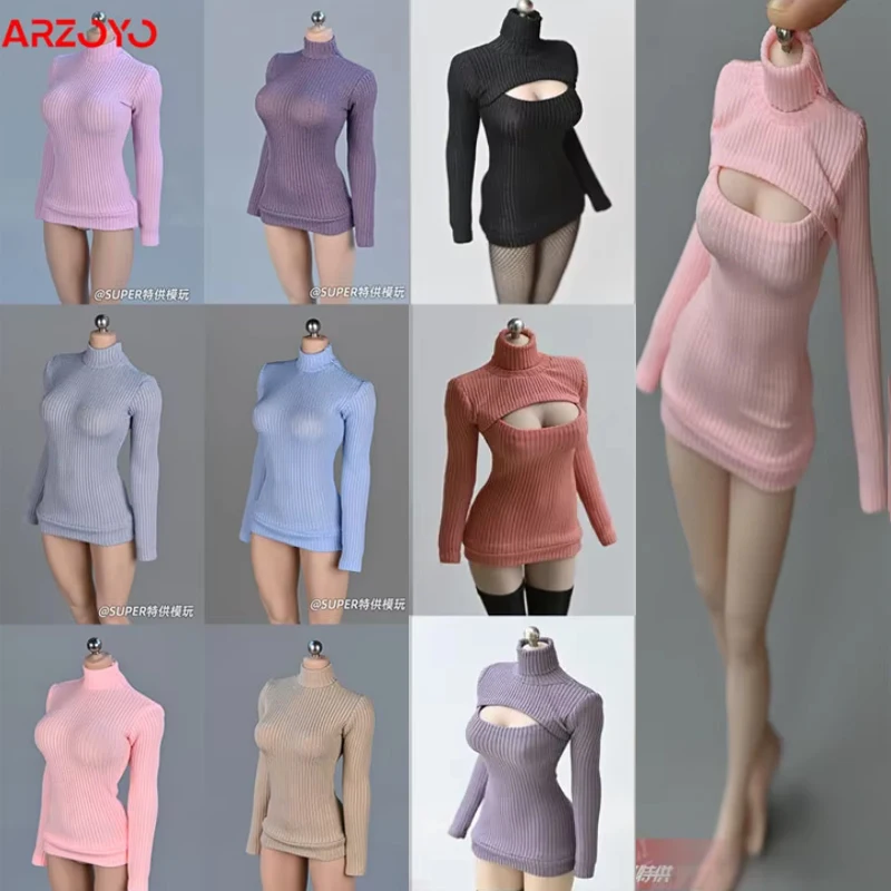 

In Stock 1/6 Female Sweater Slim Elastic High Neck Knit Pullover Sexy Open Chest Tops Mini Sweater Dress for 12" Action Figure
