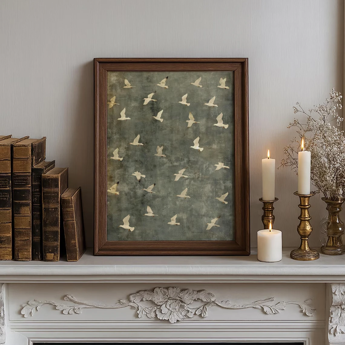 Birds in Flight Wall Art Poster Vintage Minimalist Wildlife Poster Neutral Nature Decor Retro Canvas Print Picture for Room Home