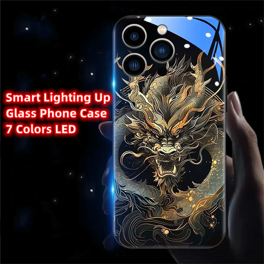 

Black Dragon Clouds Luminous Phone Case LED Light Glass Shockproof Cover For Samsung A73 A72 A54 A53 A52 A12 A14 Ultra Plus