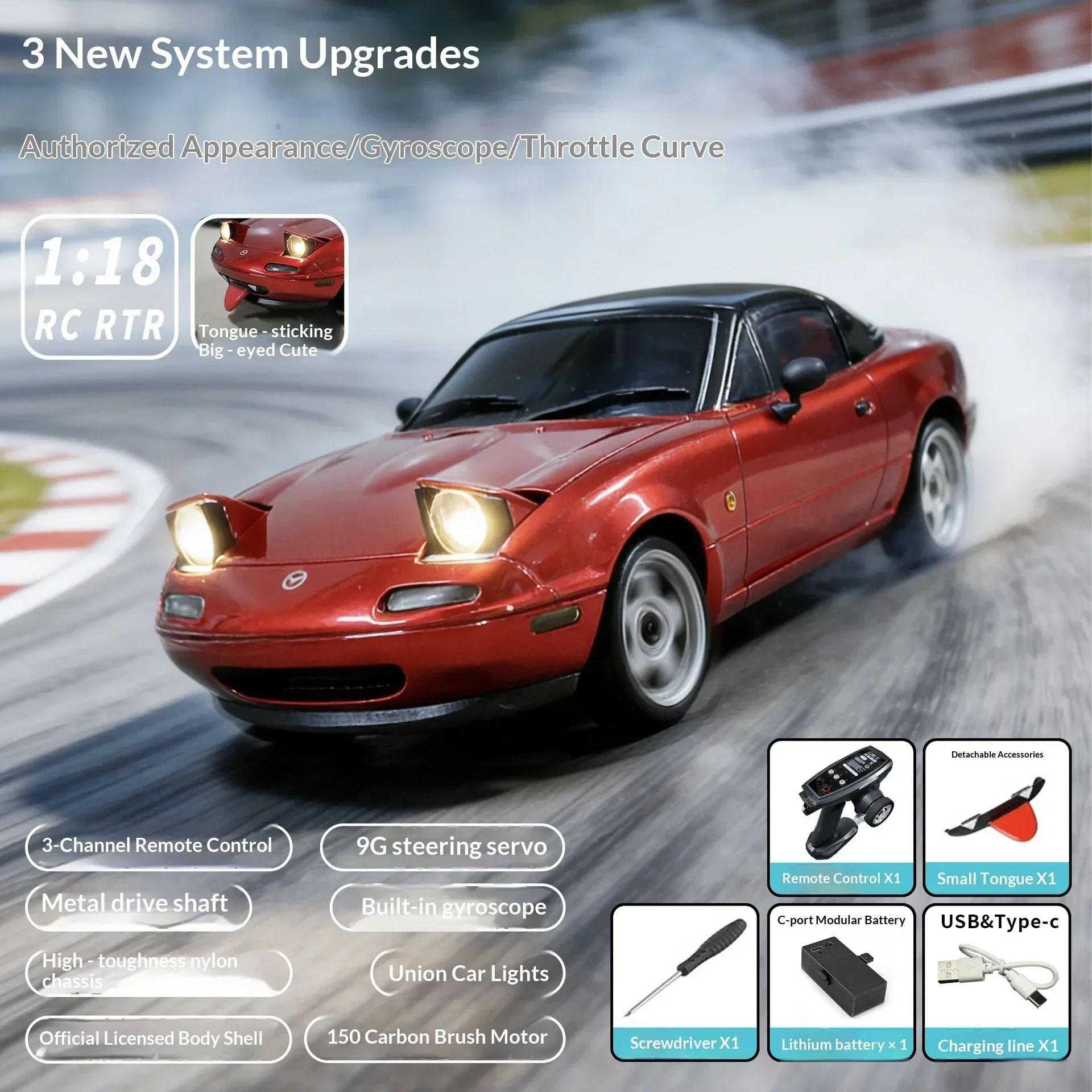 LDRC Upgraded LD1804 1:18 MX-5 RWD RC Drift Car Gyro Stabilization LED Headlight Funny Tongue 2.4G Remote Control Toy Car Gift