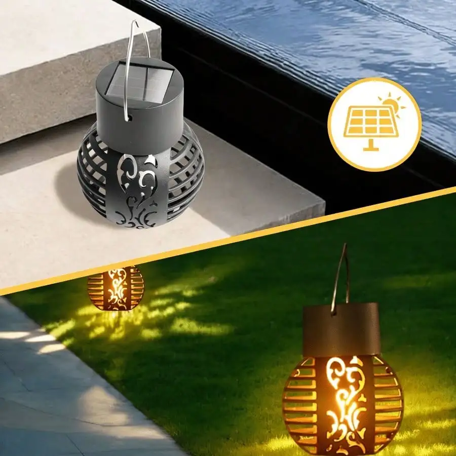 1PC Vintage Solar Lantern with Flickering Flame Effect, Hanging Outdoor Light for Garden & Patio Decor