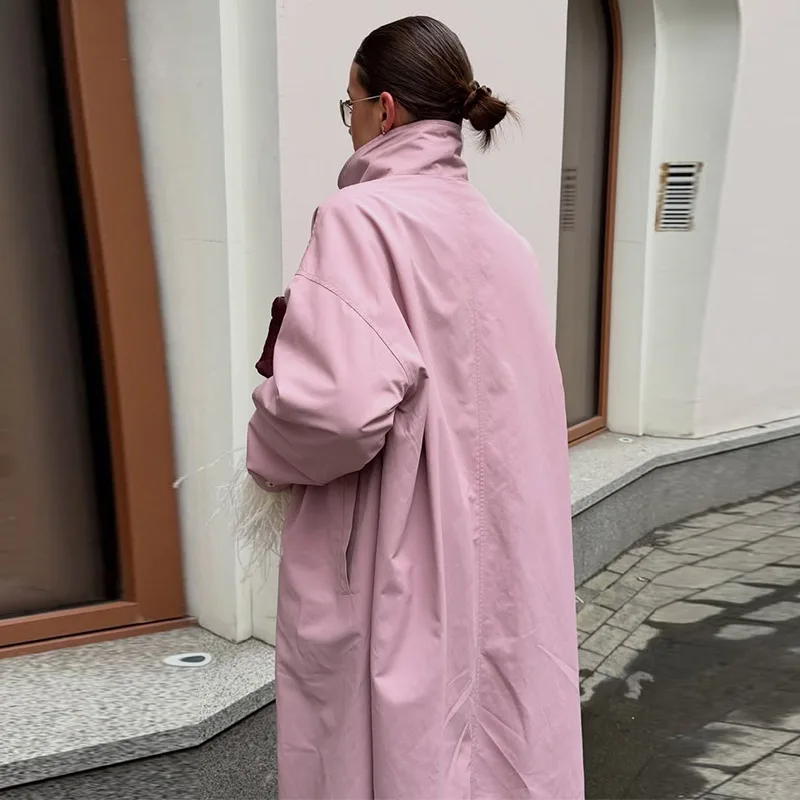Damen Lange Jacken mit Stehkragen, Einreihige Oversize-Trenchcoats, Street-Style Damenmantel mit Langen Ärmeln, Einfarbig und Locker Geschnitten, Neue Oberbekleidung – Detail 25