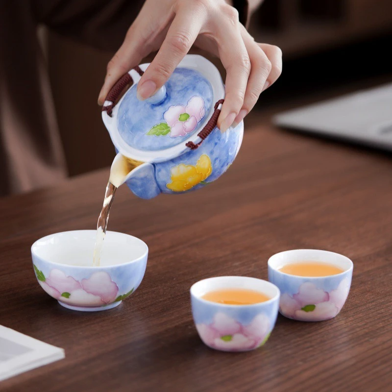 

Hand-painted peony travel tea set, one pot and two cups, outdoor portable express cup, ceramic bubble teapot, teacup.