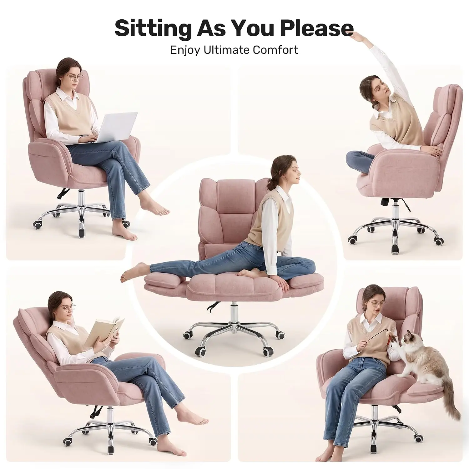 Big & Tall Office Chair Flip Armrests Pockets Criss Cross Wide Plush Seat 150° Reclining Chenille Pink, Customized