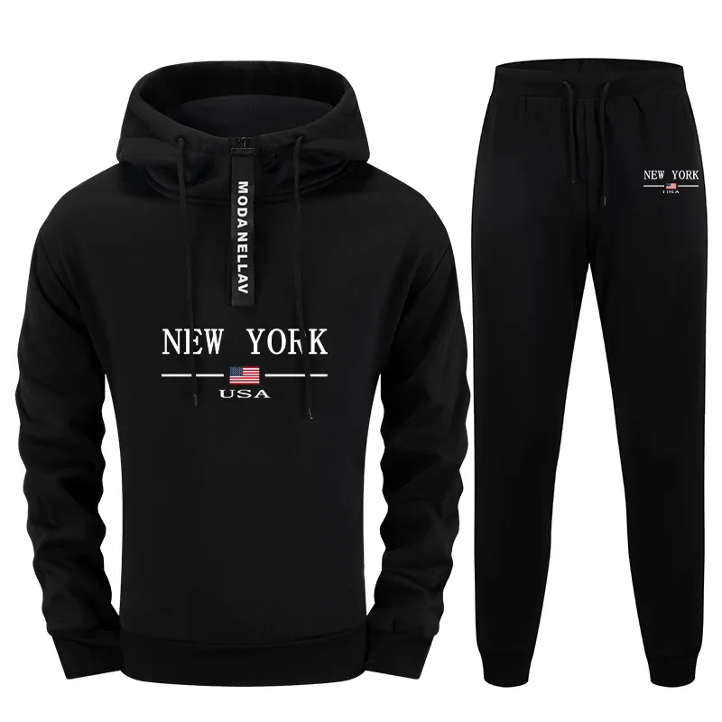 

Mens 2 Piece Sportswear Set 2025 New Half Zip Hoodie and Sweatpants Urban Streetwear Tracksuit Autumn Winter Sporty Jogging Suit