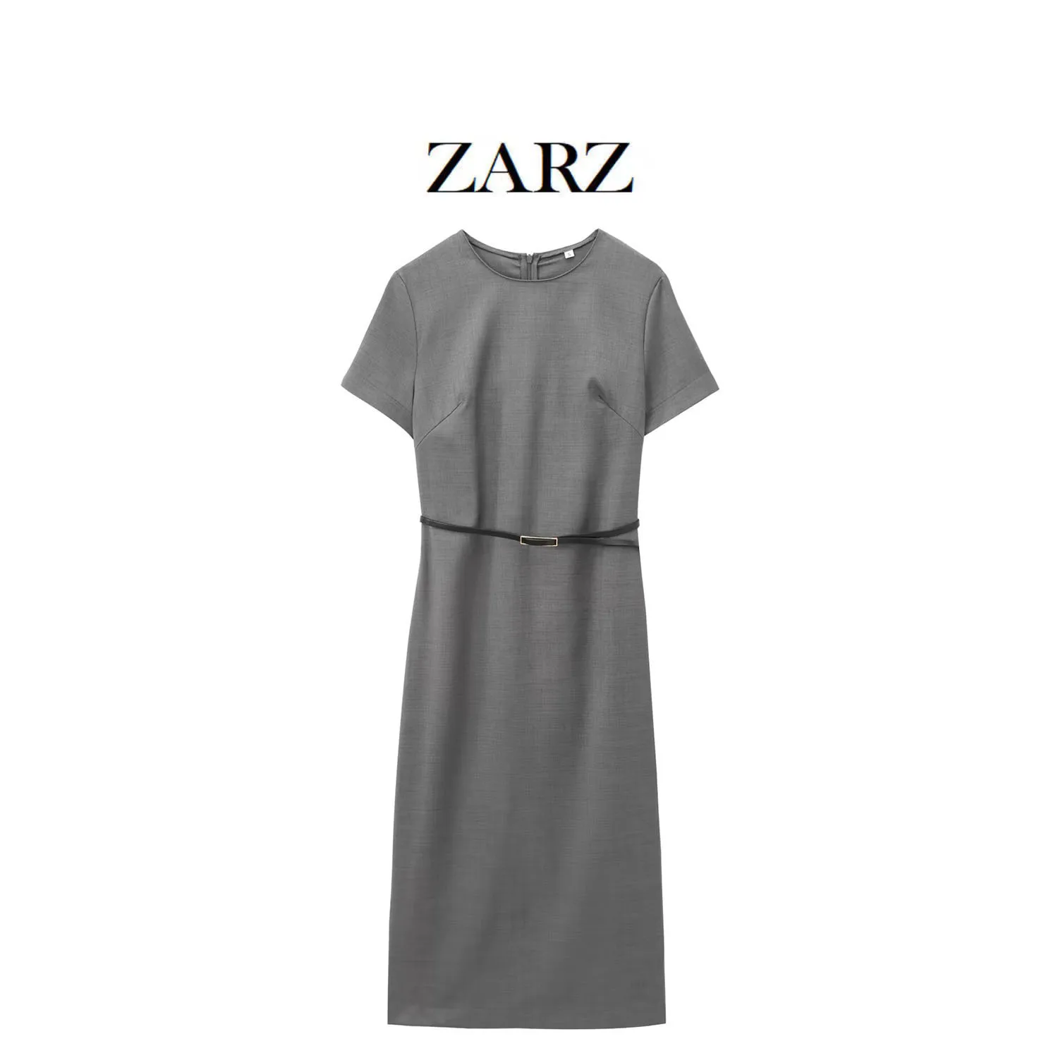 

Maxdutti French Commuting Casual Grey Slim Fit Dress With Belt Fashionable And Elegant MIDI Dress Women
