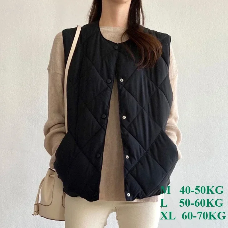 Fashion Women Pocket Cotton Jacket Vest Sleeveless O-Neck Button Ultra Light Diamond Waistcoat Loose Female Streetwear Waistcoat