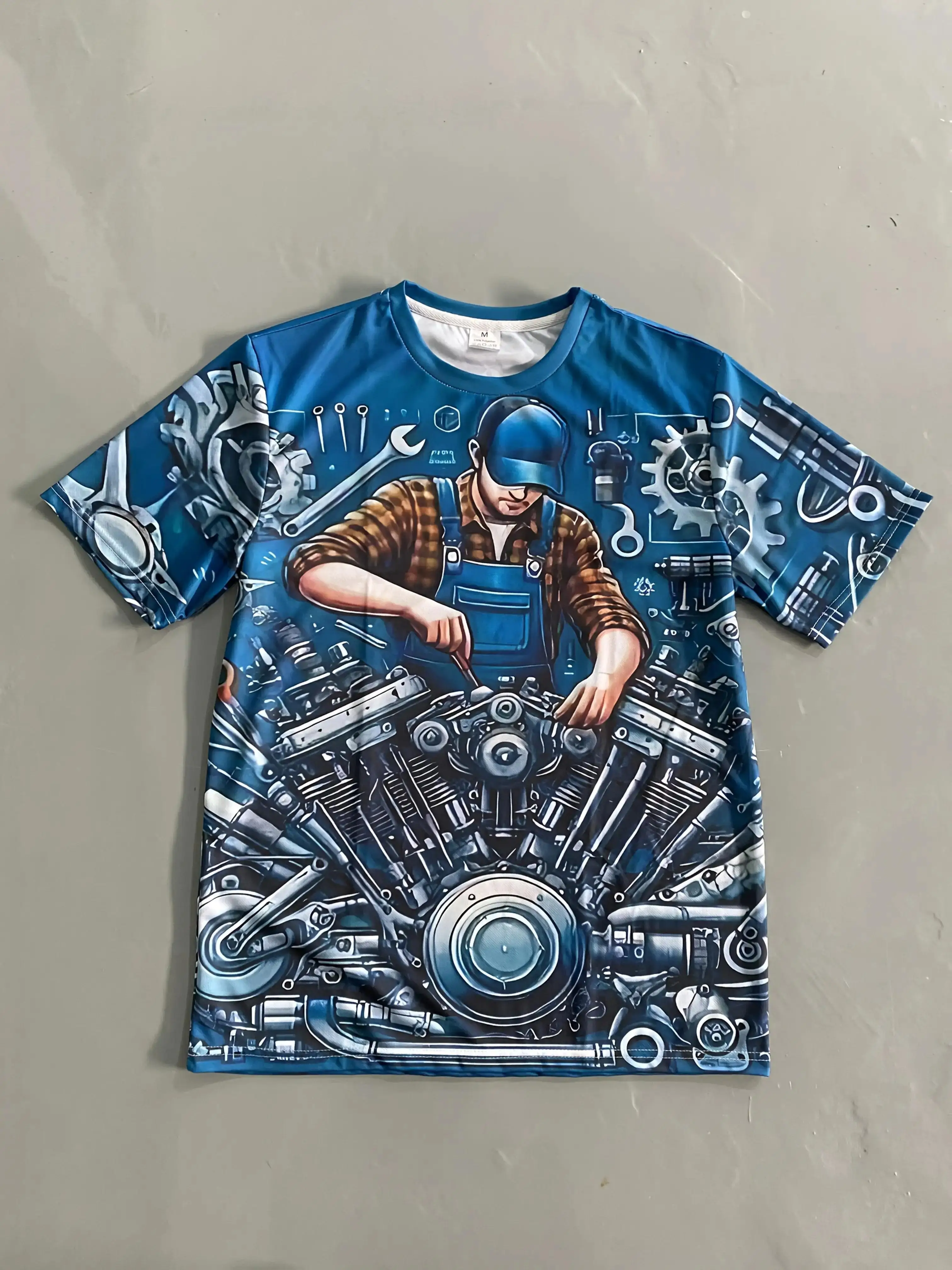 Men's Crew Neck Tee 3D Mechanic Motorcycle Engine Gear Wrench Print Casual Tops