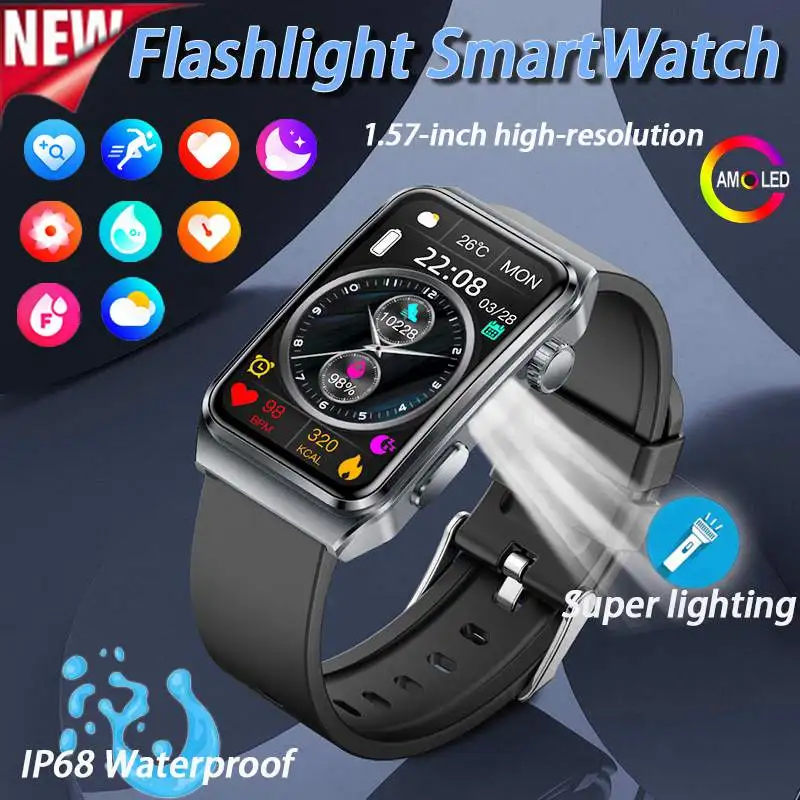 

Смарт-часы с фонариком для мужчин и женщин, голосовой помощник, IP68, водонепроницаемые, пульсометр, кислород в крови, женские умные часы для здоровья, Bluetooth, вызов