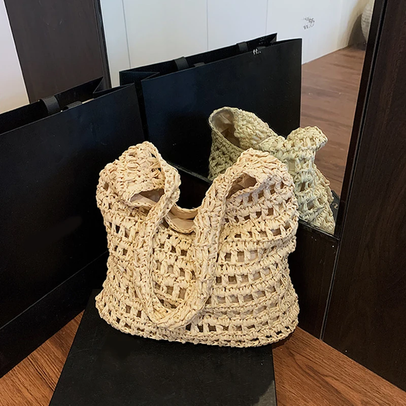 

Summer Women Beach Tote Handbags Rattan Crochet Shoulder Bag Casual Commute Bag Vintage Straw Woven Bag