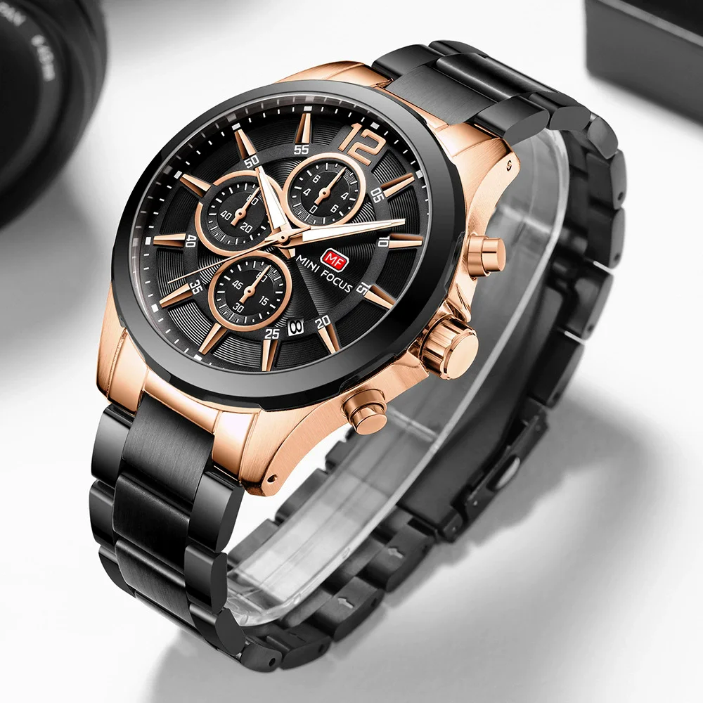 MINI FOCUS 0237 العلامة التجارية ساعة كوارتز رجالية التقويم كرونوغراف مضيئة الصلب حزام الأعمال موضة الساعات للرجل reloj hombre