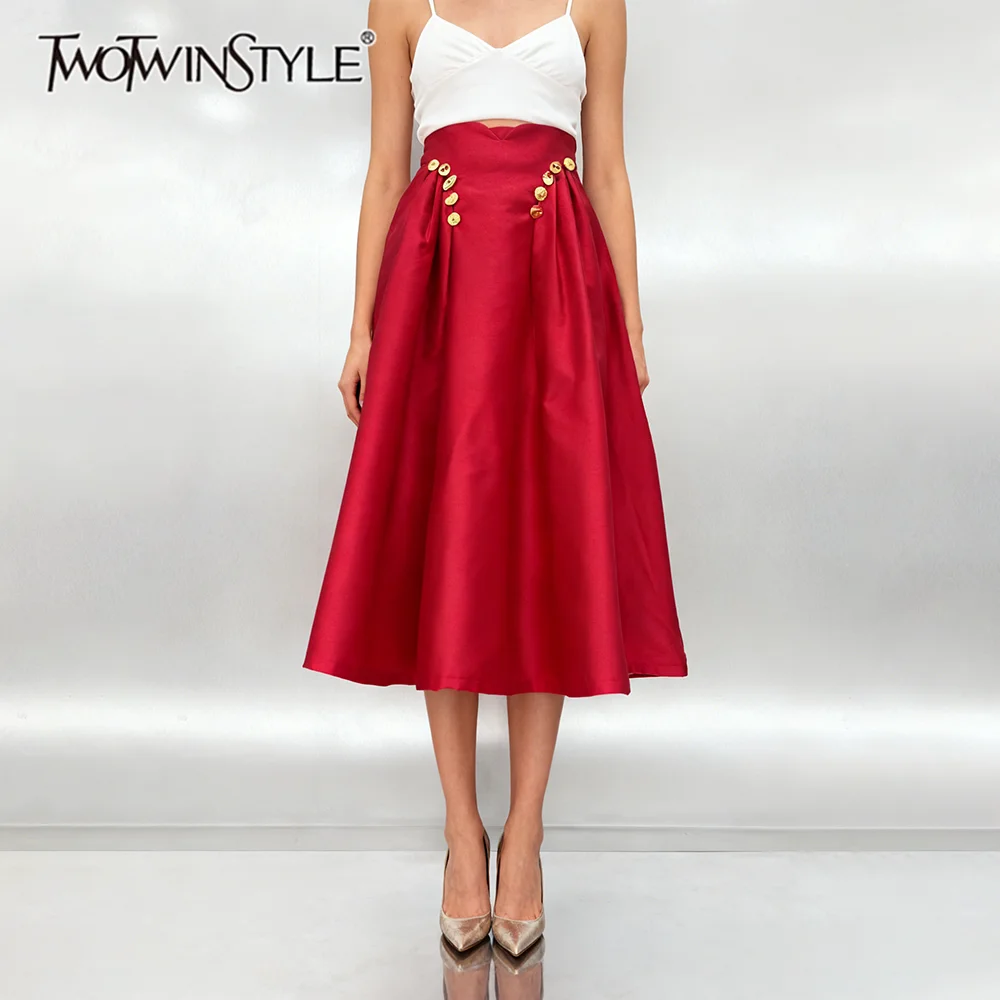 

TWOTWINSTYLE Slimming Spliced Metal Buttons Fashion Skirts for Women High Waist Patchwork Shirring Elegant Skirt Female Clothing