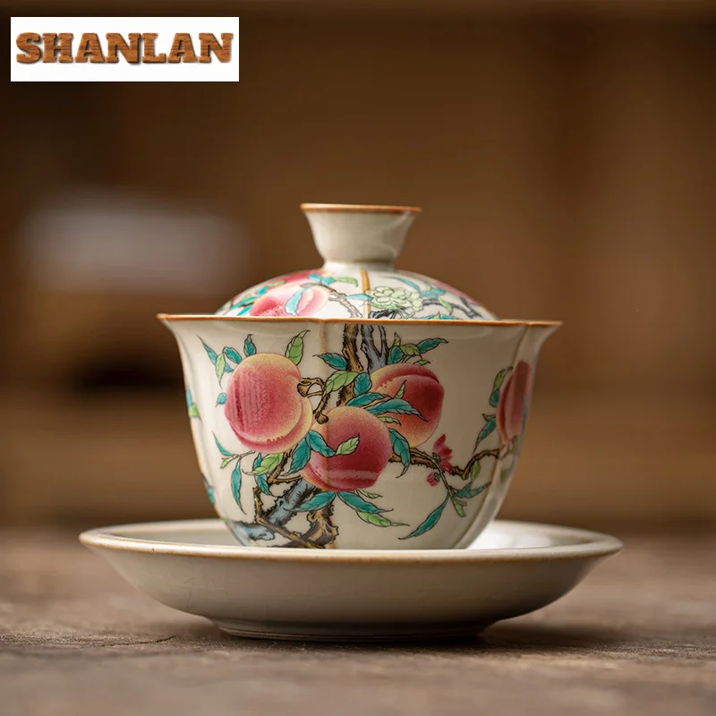 150ml Imitation Song Cream Ru Kiln Gaiwan Handmade Nine Peachs Pattern Tea Tureen Tea Making Cover Bowl Kung Fu Teaware Ornament