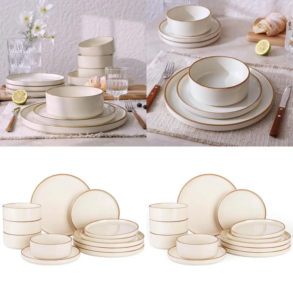 

Stoneware Dinnerware Set for 4, 12-Piece, Microwave & Dishwasher Safe, Vanilla White with Brown Rim