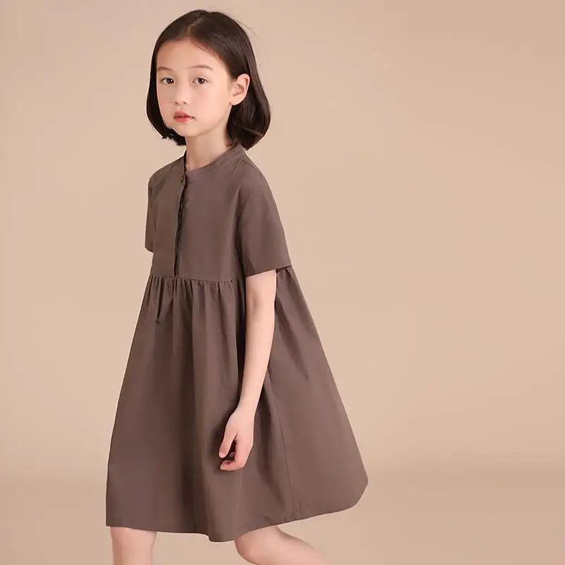 

Girls' Dress Pure Cotton Pleated Open Button Pleated Solid Color Short Sleeved T-shirt Skirt