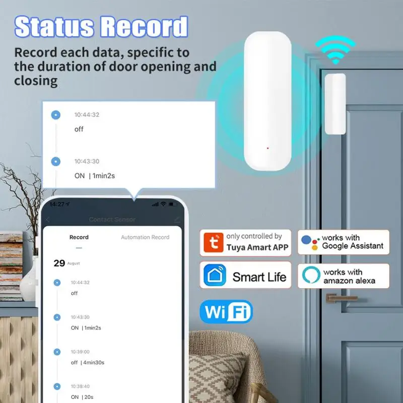 Sensor de puerta inteligente con WiFi para el hogar, Detector de alarma magnética independiente, funciona con Alexa y Google, Tuya