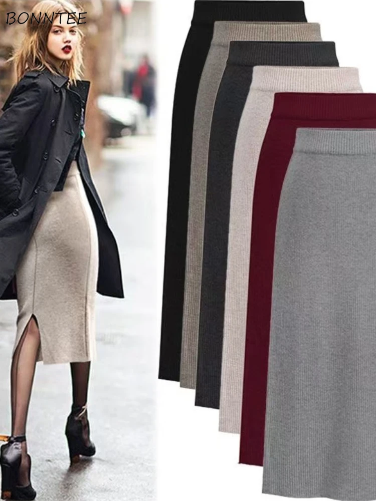 

7-цветные трикотажные юбки женские с разрезом по бокам элегантная уличная одежда офисная женская простая мода с высокой талией универсальный европейский стиль