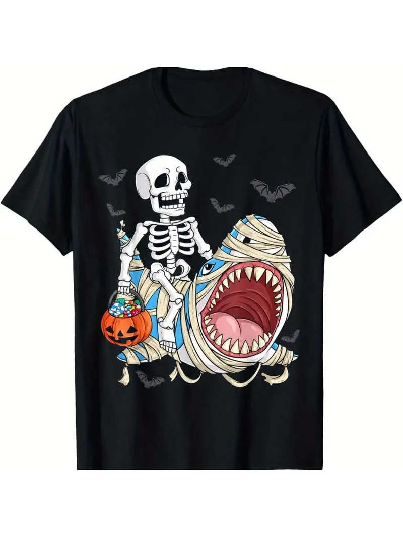 Skeleton Riding Mummy Shark Funny Halloween Pumpkin T-Shirt For Men Women Unisex Soft Breathable Short Sleeve Tee, Birthday Gift