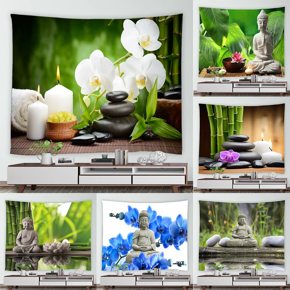 

Дзен Будда Камень Спа Зеленый Бамбук Печать Узор Гобелен Домашняя Гостиная Общежитие Украшение Фон Ткань