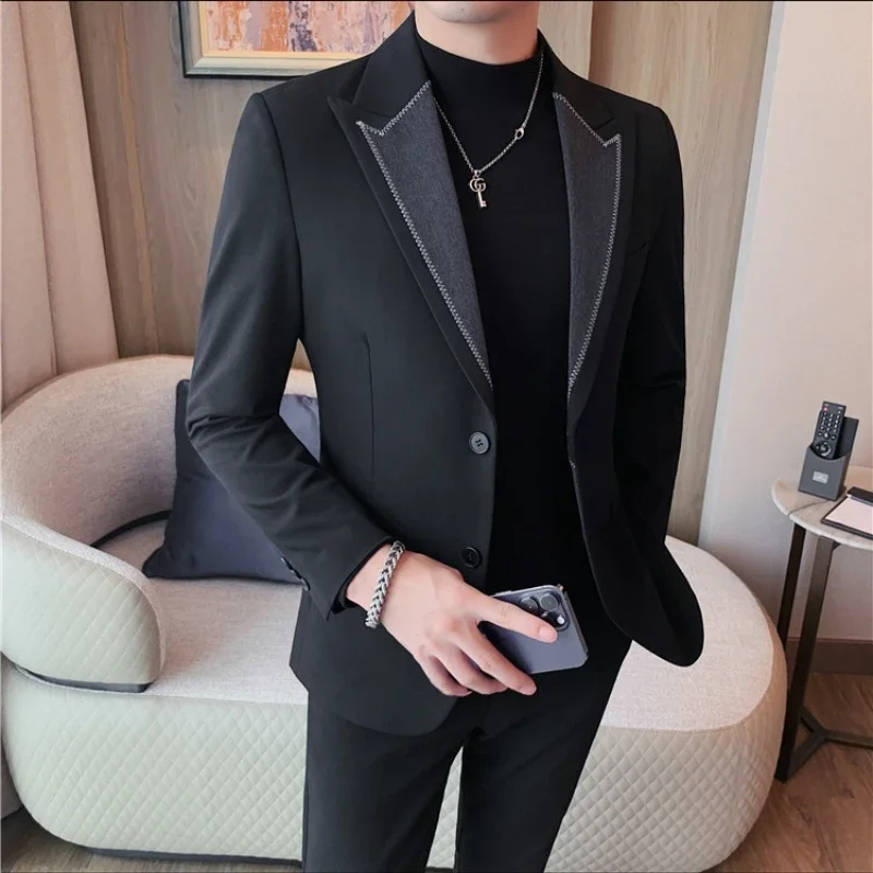 

2023 Autumn Winter Collar Splicing Suit Jackets Men Casual Business Blazers Men Wedding Groom Dress Coat Streetwear Men Clothing