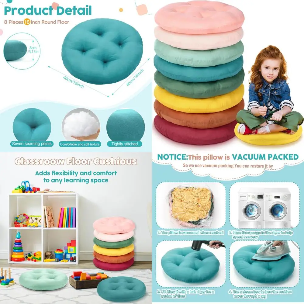16 وسادة أرضية مستديرة للأطفال، سميكة 3.15، جلوس مرن للفصول الدراسية، وسائد محايدة الألوان للرعاية النهارية، مرحلة ما قبل المدرسة، أ