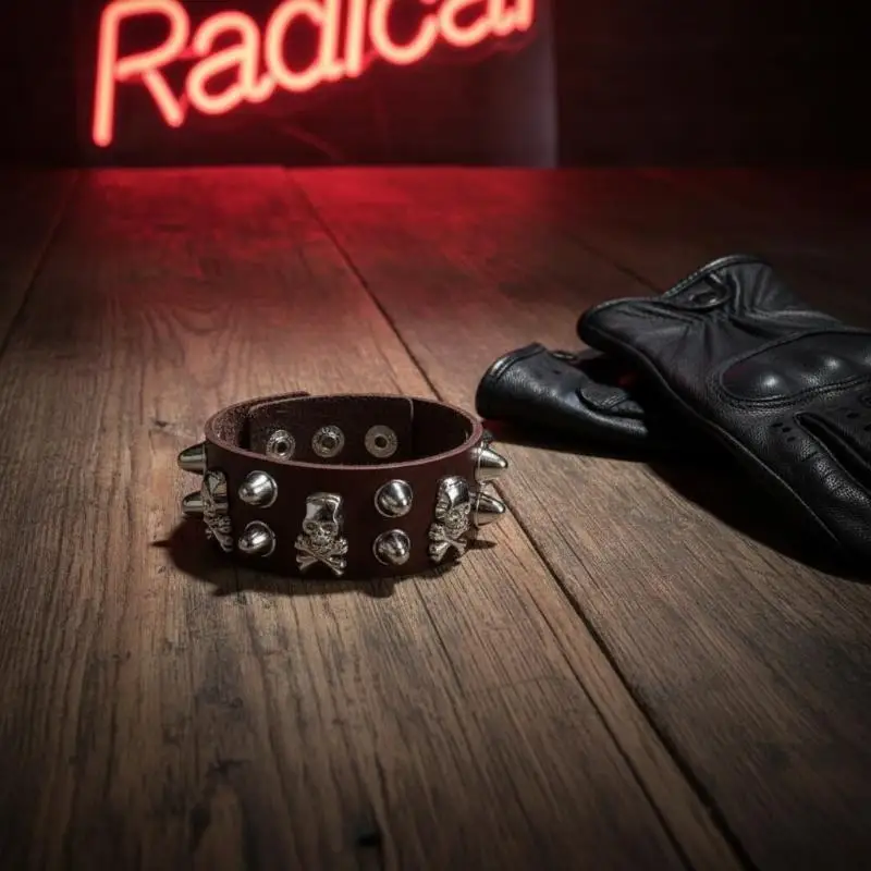 1 Stück Punk Gothic Totenkopf Armband mit Metallspitzen und Nieten, PU-Leder Armreif, breites Manschettenarmband, Schmuck für Damen und Herren – Detail 7
