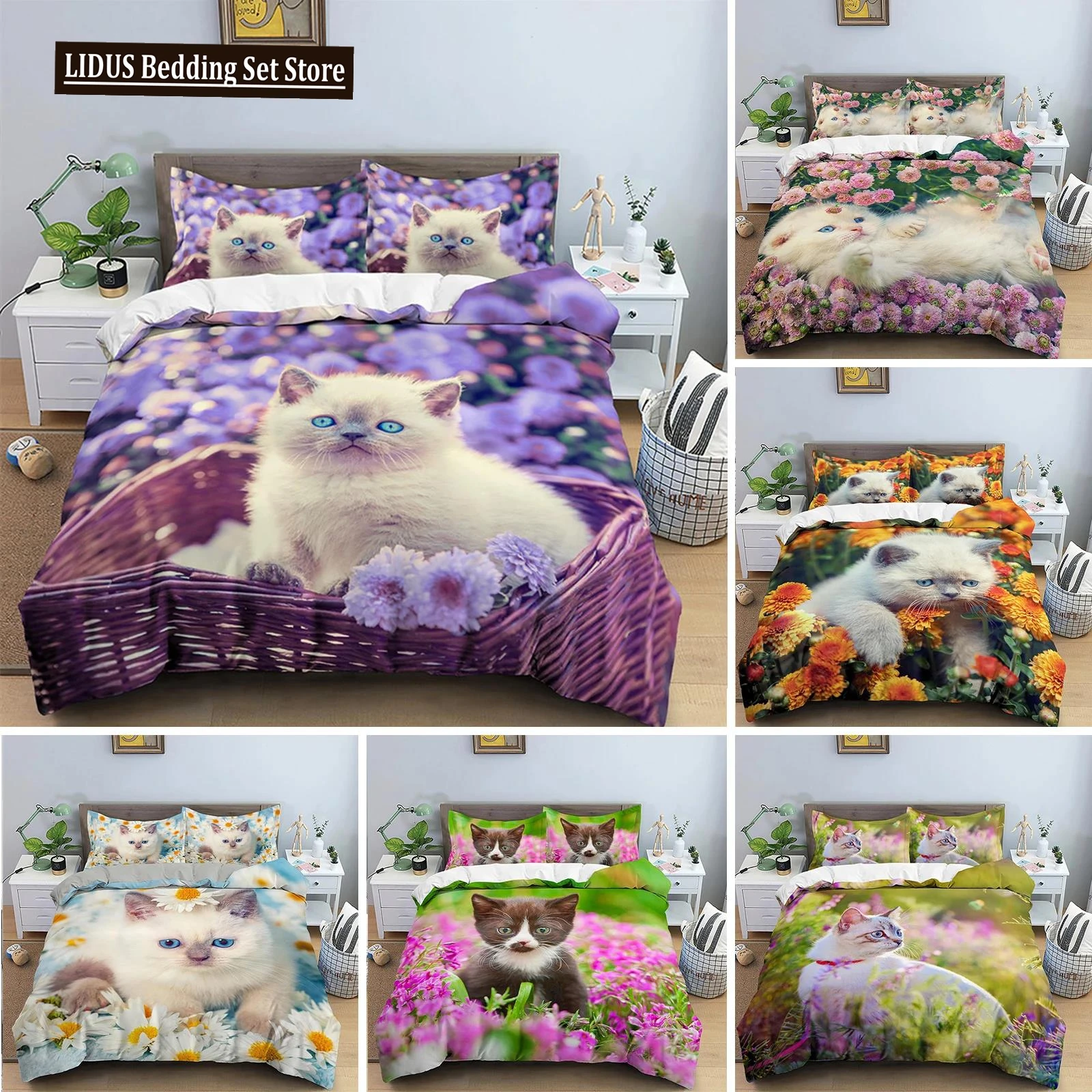 

3D Cat Print Duvet Cover Floral Bedding Set Twin Full For Kids Girls Boys Room Decor Luxury Microfiber Funny Animal Quilt Cover