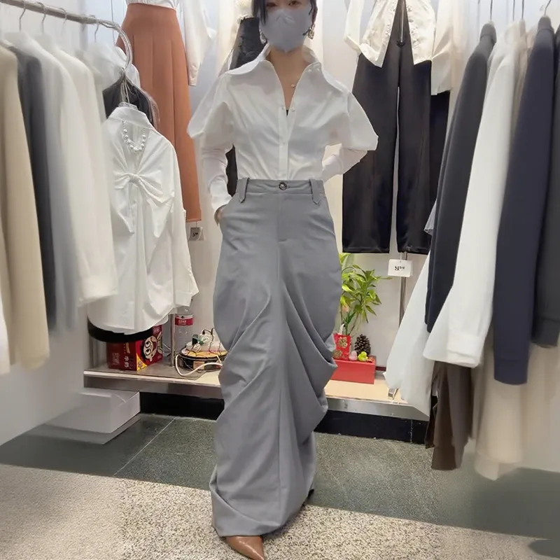 [EWQ] Elegant High Waist A-line All-match Clothing Minimalist Office Women's Fold Skirt Bottom Slit Design Skirts 2025 Autumn